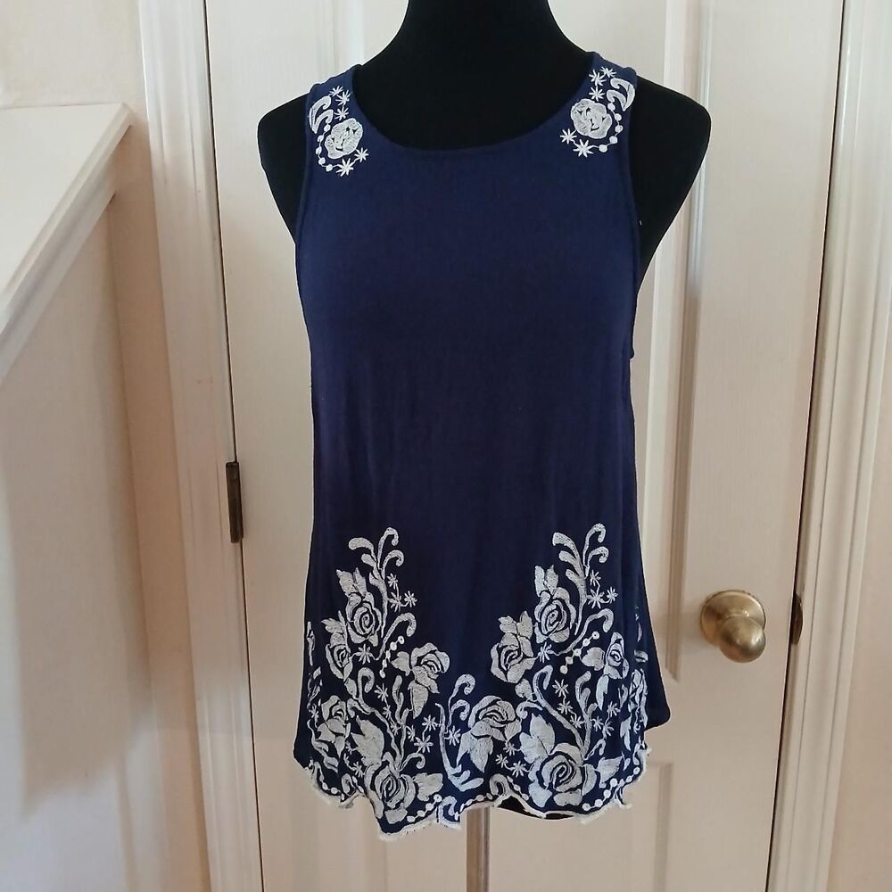 Panhandle Slim Navy Blue Sleeveless Top White Floral Embroidery L Boho Western
